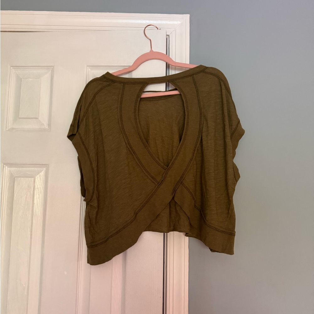 Free People My Time Short Sleeve Tee with Open Back in Olive Green - Picture 3 of 9